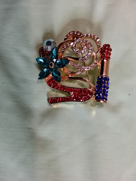 The Unbranded Brand Jewelry - Heels & Lipstick Crystal Brooch with Red, Blue & Teal Accents